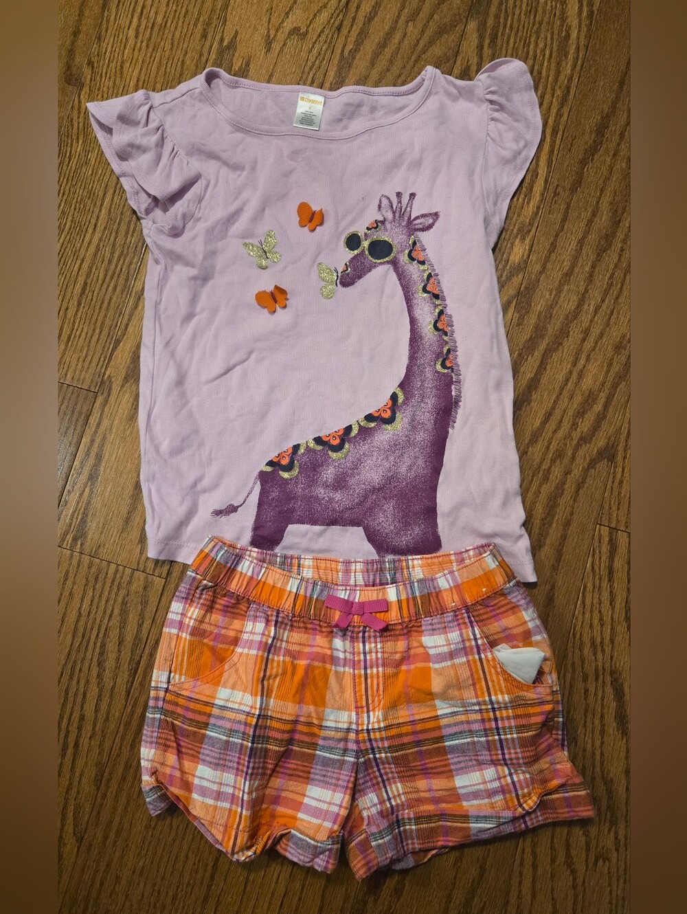 Gymboree Lavender Giraffe Tee with Orange Plaid Shorts